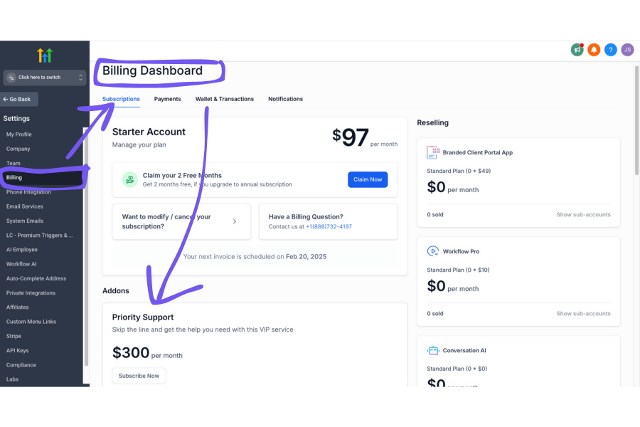 gohighlevel billing dashboard showing where to find priority support
