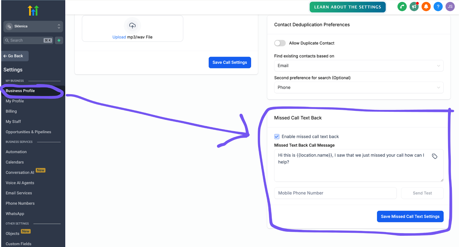 showing where to enable gohighlevel missed call text back feature