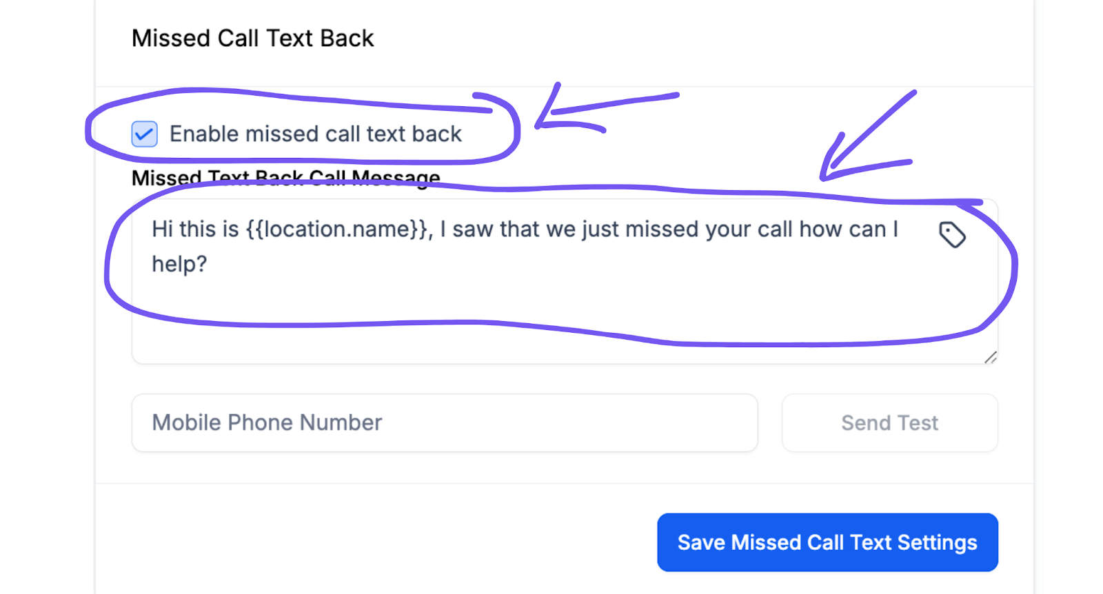 showing where to find gohighlevel missed call text back feature and how to change the text message