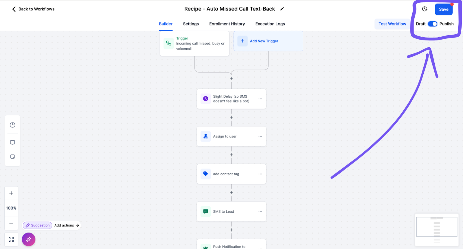 gohighlevel missed call text back automation setup in workflows