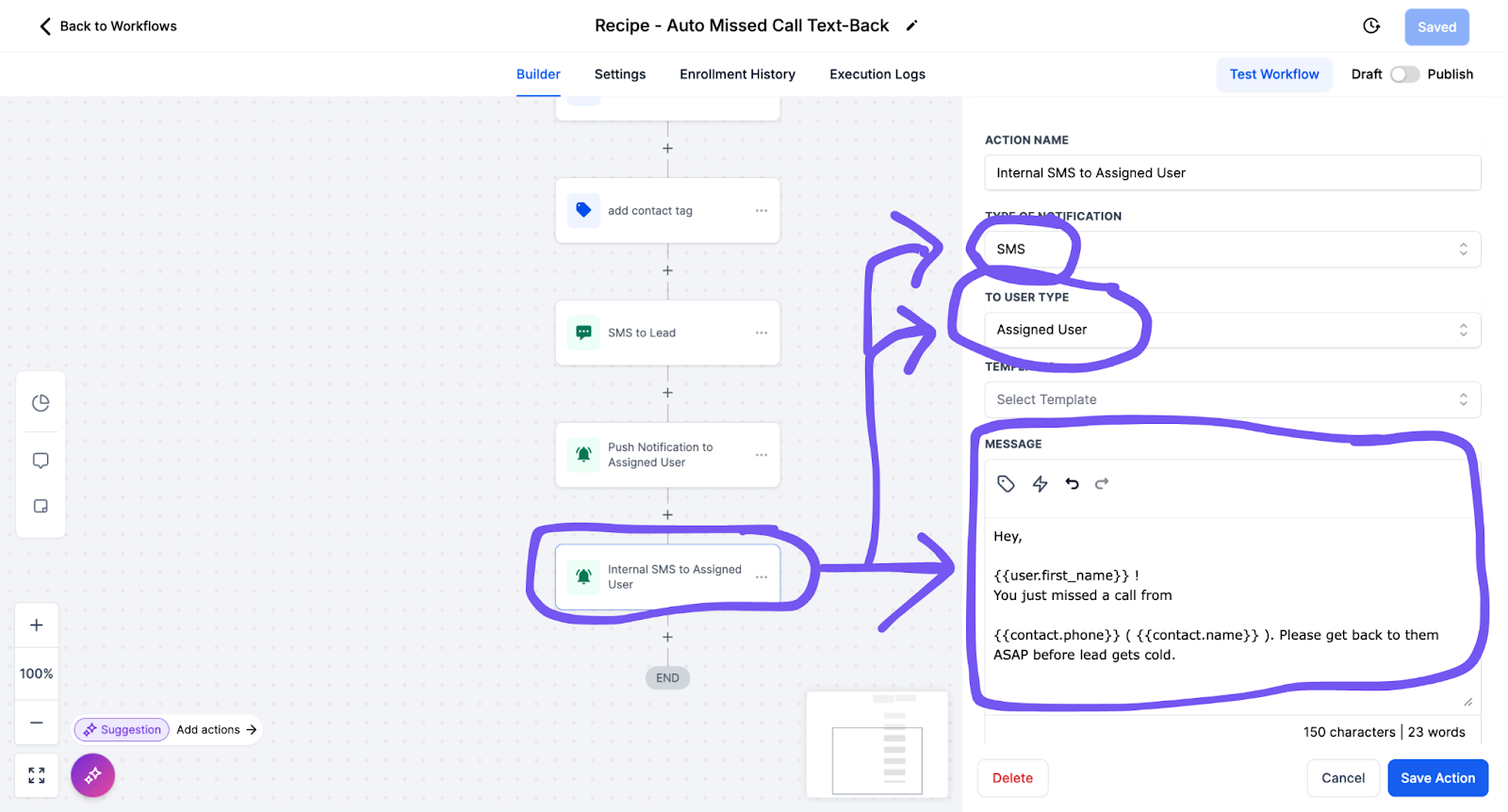 gohighlevel missed call text back automation setup in workflows