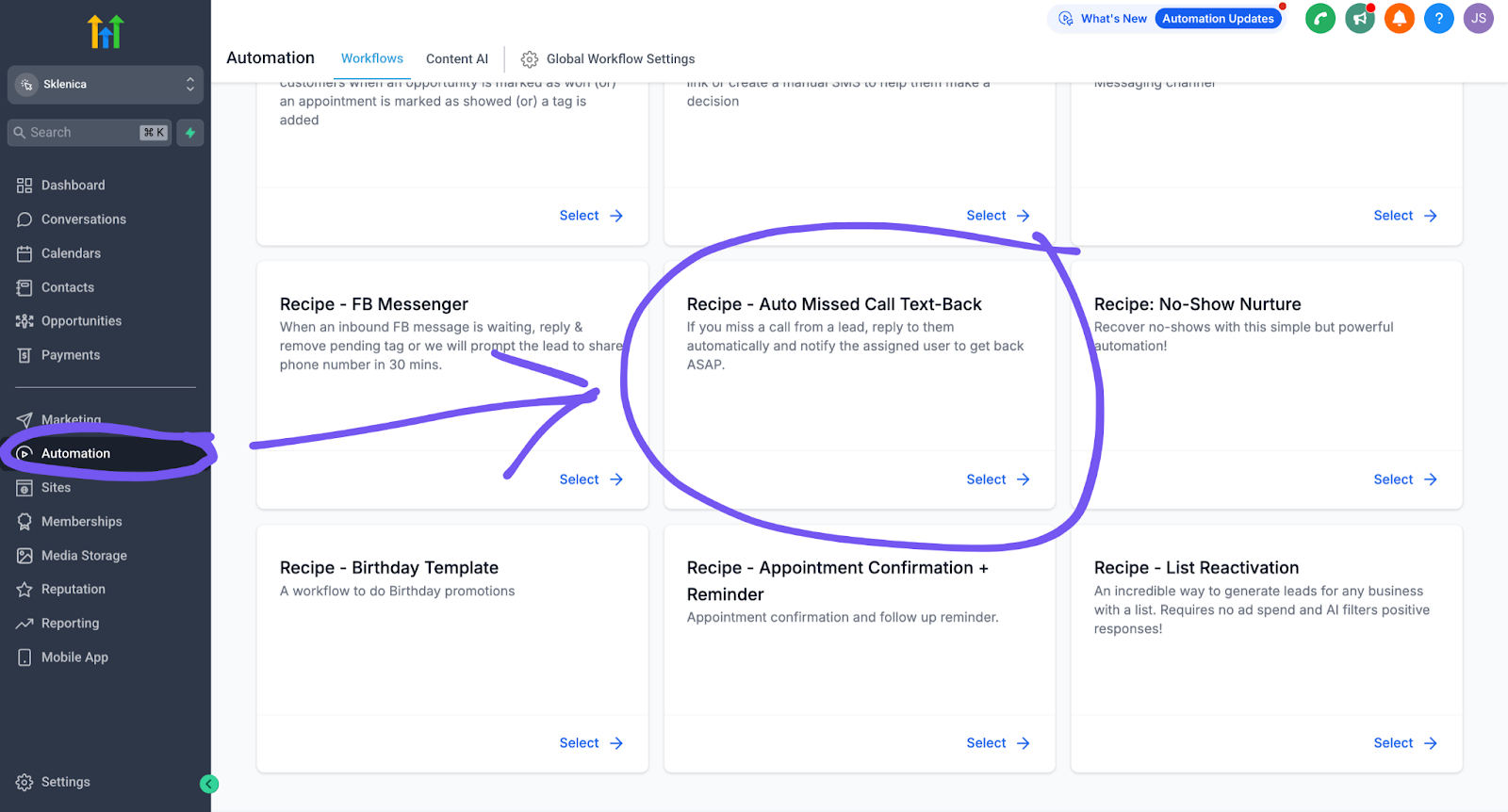 Gohighlevel missed call text back automation template