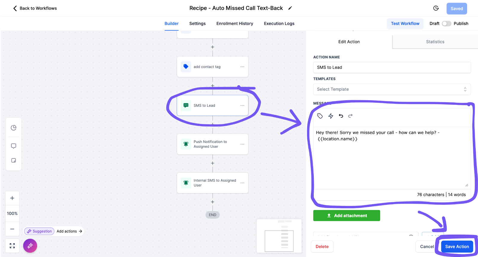 gohighlevel missed call text back automation setup in workflows
