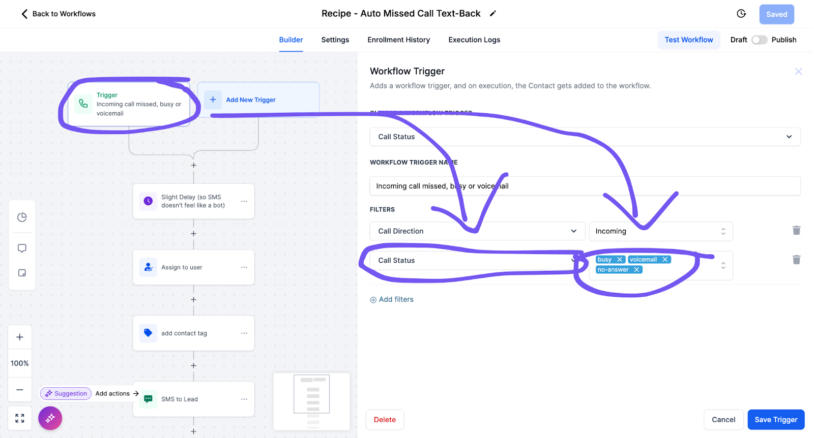 gohighlevel missed call text back automation setup in workflows