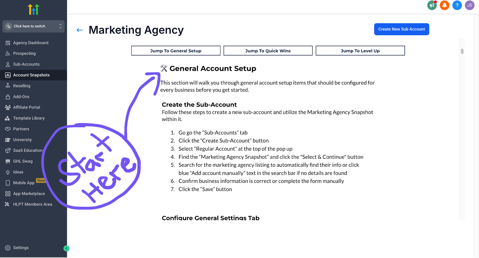 showing where to find gohighlevel general account setup