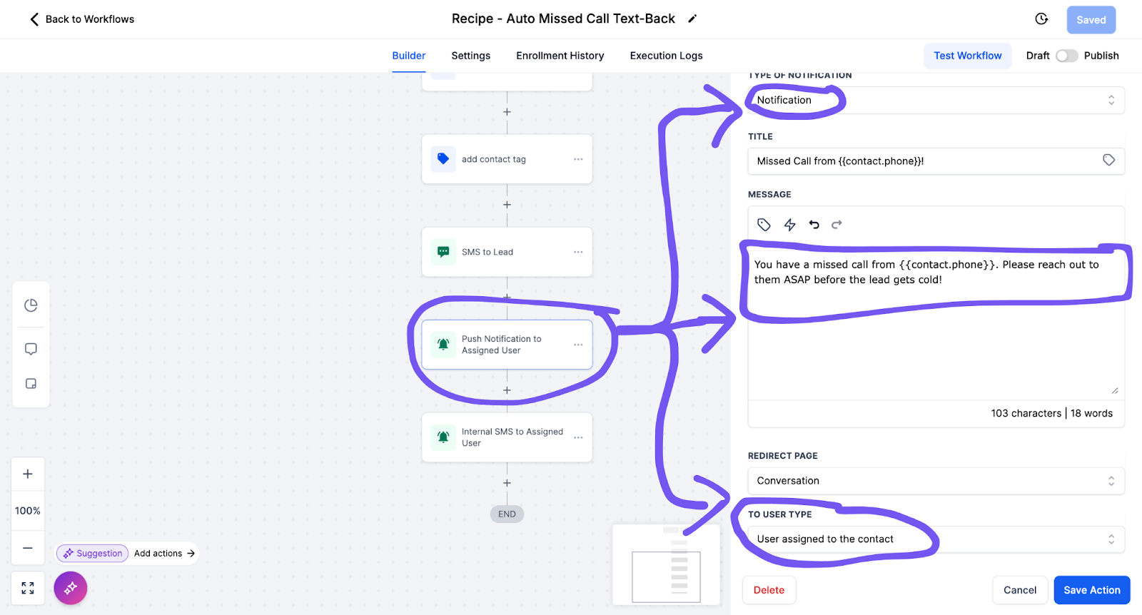 gohighlevel missed call text back automation setup in workflows