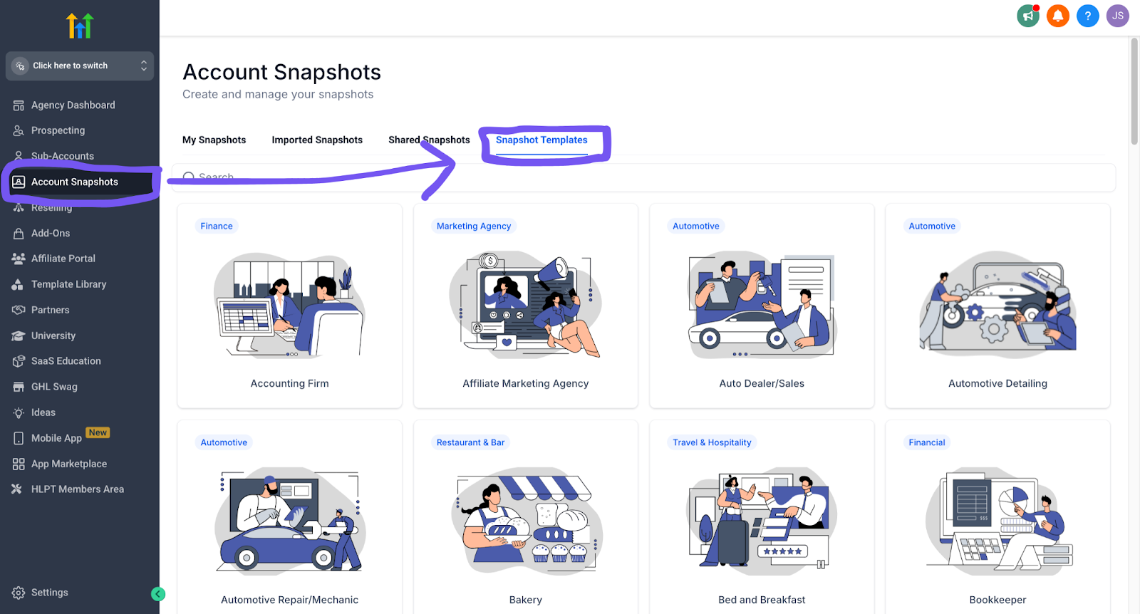 showing where to find gohighlevel account snapshots