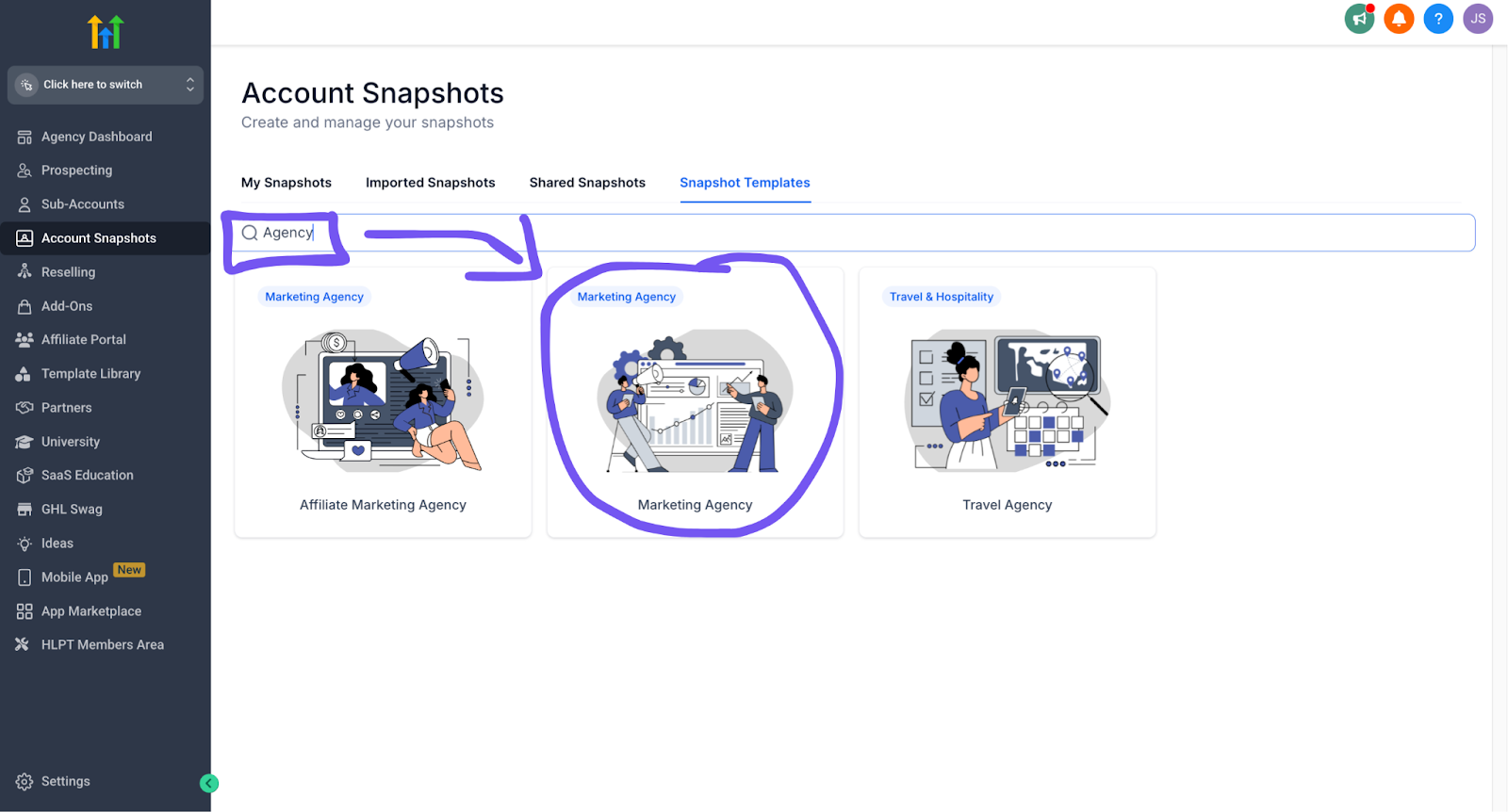 showing where to find gohighlevel account snapshots