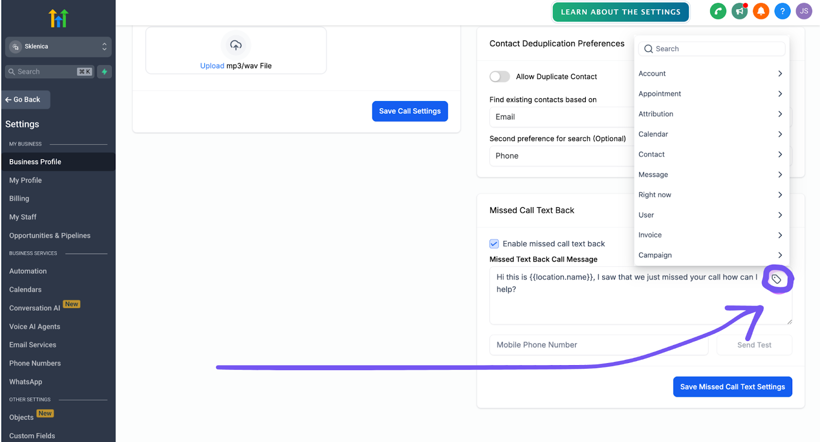 showing how to add custom fields to automated text messages