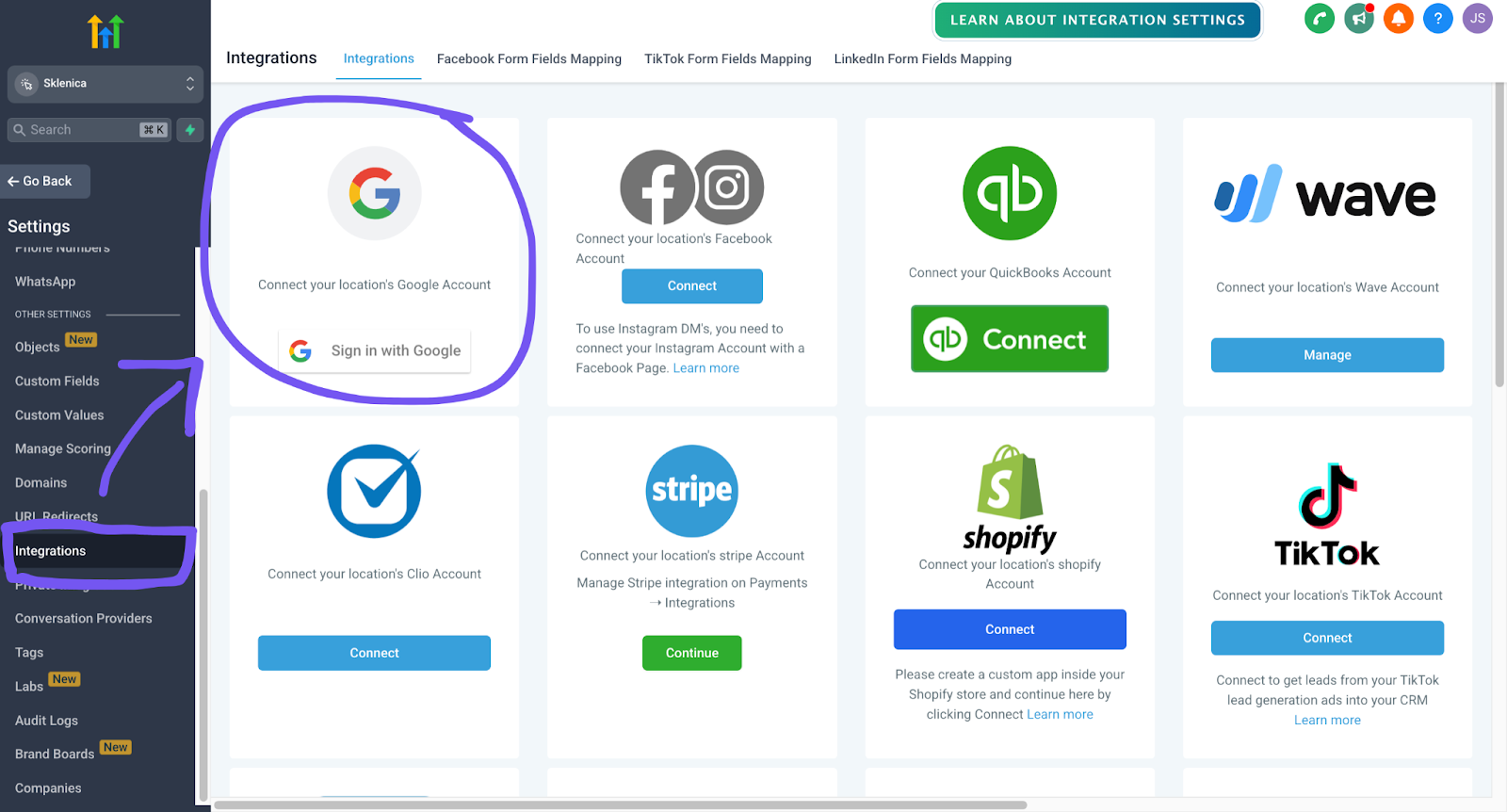 showing how to integrate your google account with gohighlevel 
