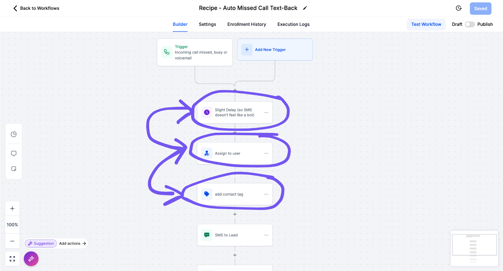 gohighlevel missed call text back automation setup in workflows