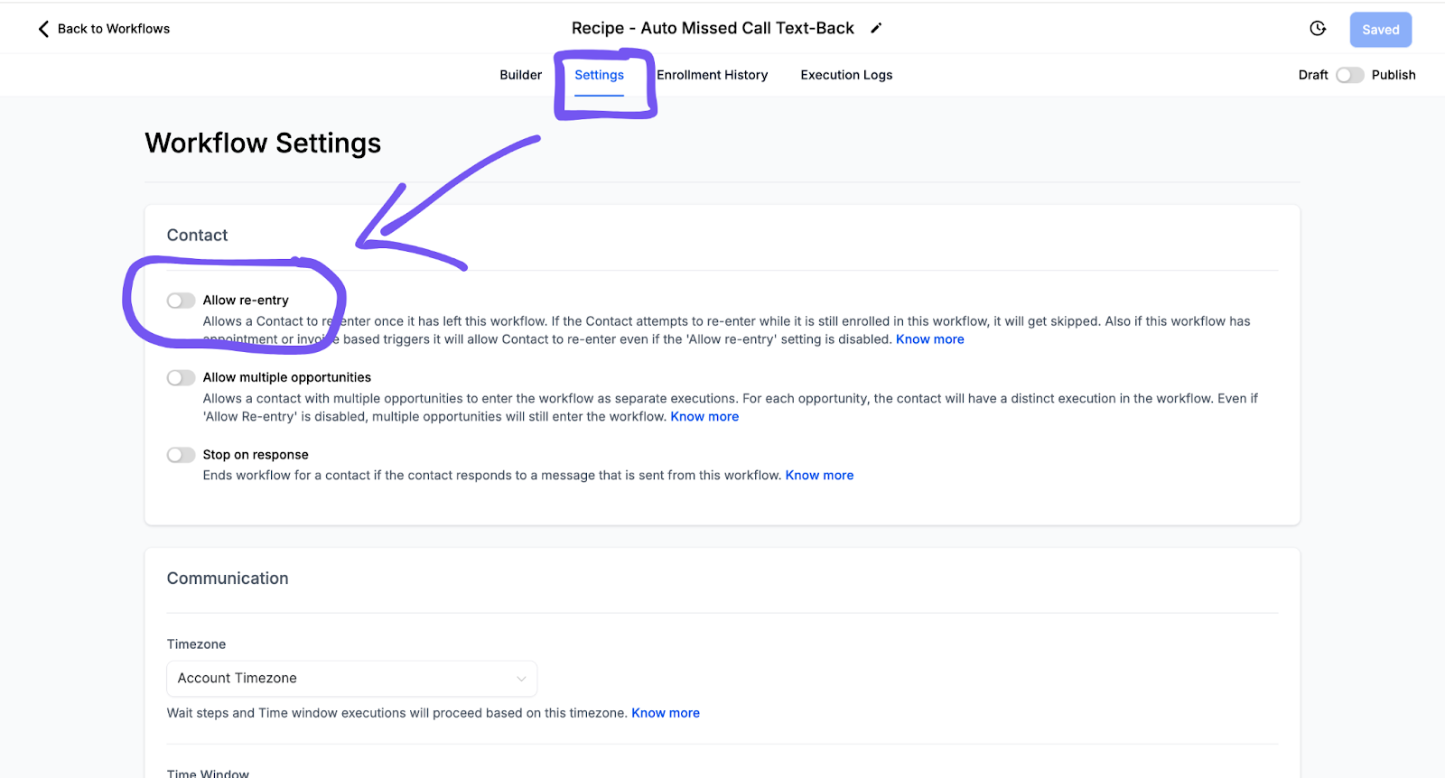 gohighlevel missed call text back automation setup in workflows