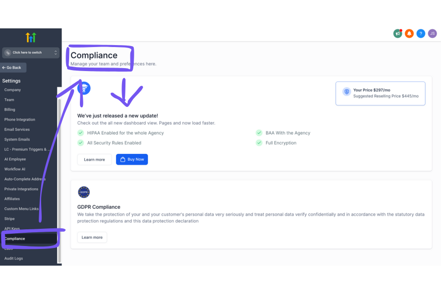 where to find HIPAA compliance in gohighlevel dashboard